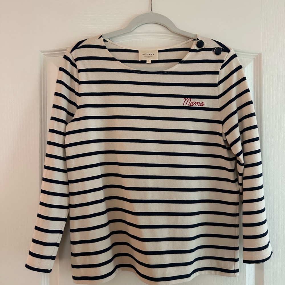 NWOT Sezane Colette Marinière Navy and White Striped Top with Mama embroidered